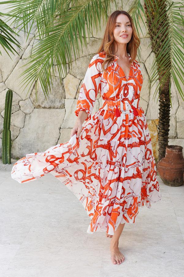 samantha sung Eva Dress Crew Neck 3/4 Sleeve Midi Length Cotton Musola (Secretariat Horse White Bright)