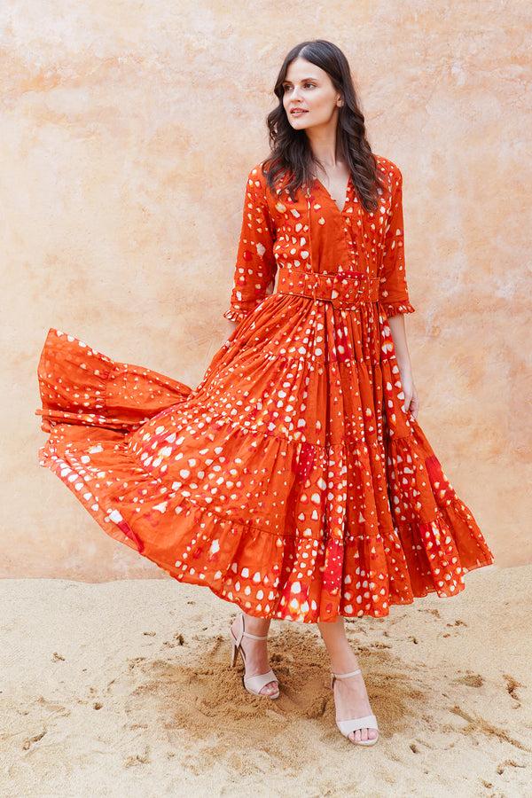 Samantha Sung Eva Dress Crew Neck 3/4 Sleeve Midi Length Cotton Musola (Tie Dye Geometric Bright)