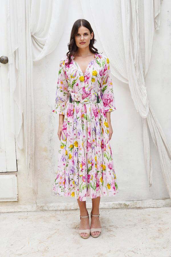 samantha sung Eva Dress Crew Neck 3/4 Sleeve Midi Length Cotton Musola (Botanic Wallpaper)