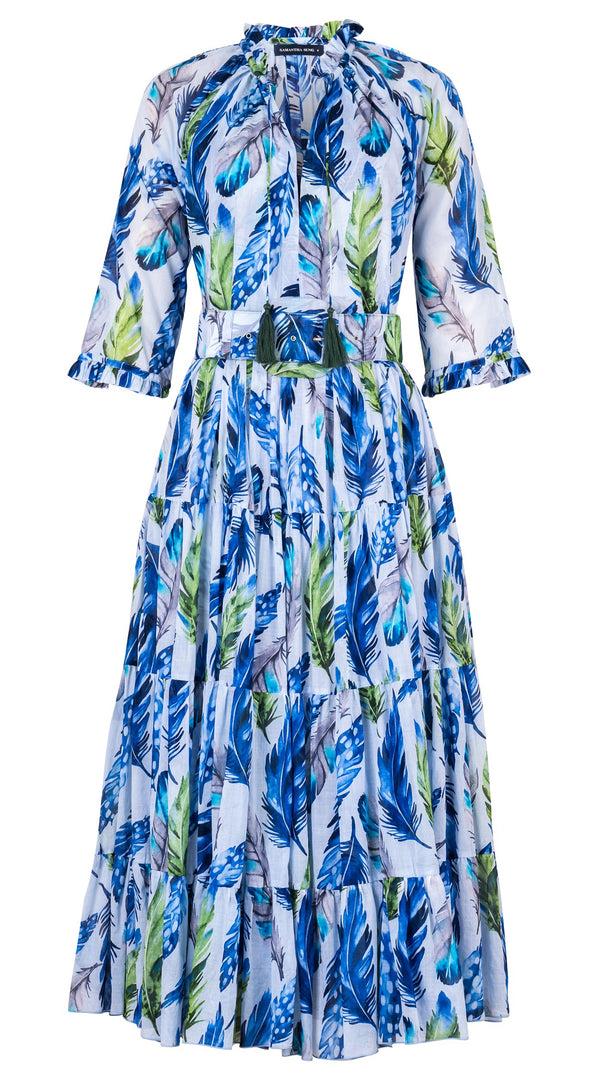 samantha sung Eva Dress Crew Neck 3/4 Sleeve Midi Length Cotton Musola (Floating Feather Pastel)