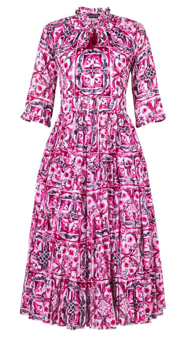 Samantha Sung Eva Dress Crew Neck 3/4 Sleeve Midi Length Cotton Musola (Caribbean Tile)