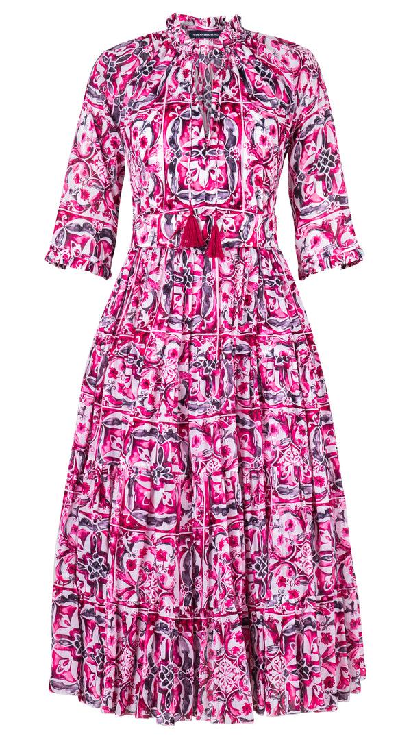 samantha sung Eva Dress Crew Neck 3/4 Sleeve Midi Length Cotton Musola (Caribbean Tile)