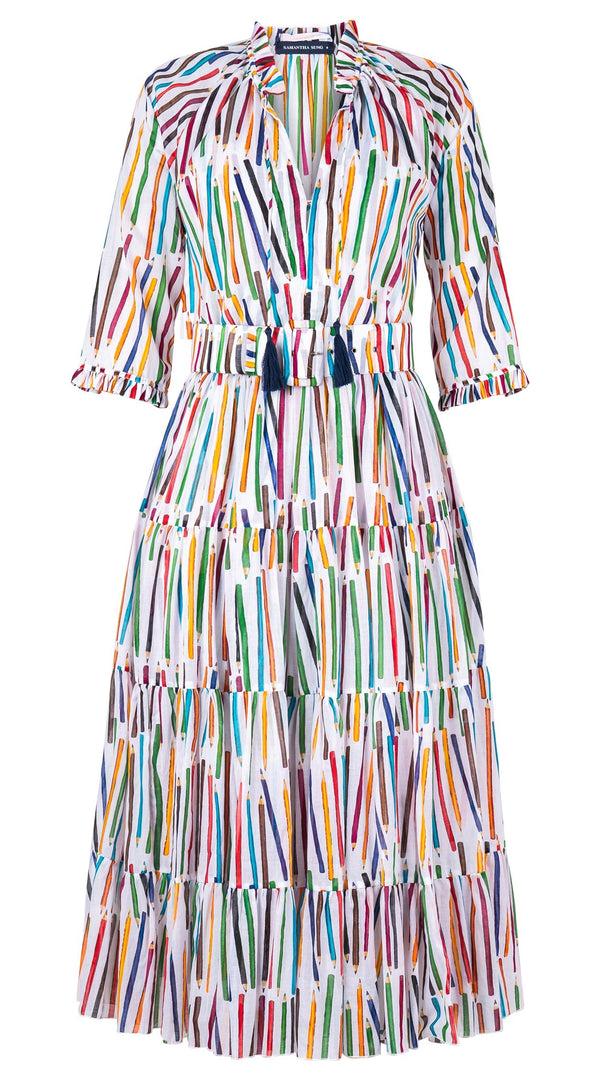 samantha sung Eva Dress Crew Neck 3/4 Sleeve Midi Length Cotton Musola (Prisma Pencil)