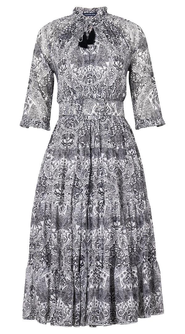 Samantha Sung Eva Dress Crew Neck 3/4 Sleeve Midi Length Cotton Musola (Peacock Toile White)