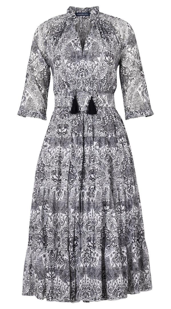 samantha sung Eva Dress Crew Neck 3/4 Sleeve Midi Length Cotton Musola (Peacock Toile White)
