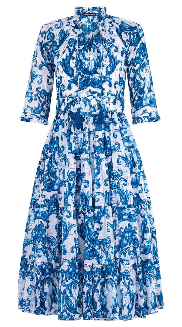samantha sung Eva Dress Crew Neck 3/4 Sleeve Midi Length Cotton Musola (Cherub Tile)