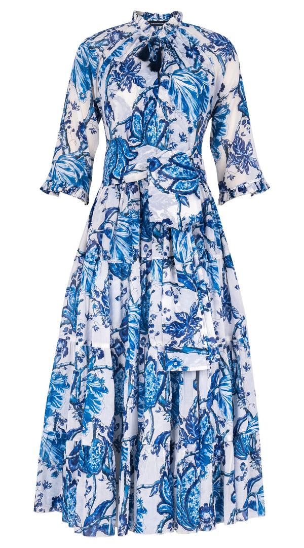 Samantha Sung Eva Dress Crew Neck 3/4 Sleeve Midi Length Cotton Musola (Lillie Toile White)