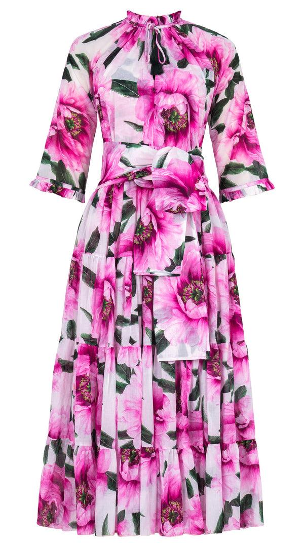 Samantha Sung Eva Dress Crew Neck 3/4 Sleeve Midi Length Cotton Musola (Pastel Magnolia White)