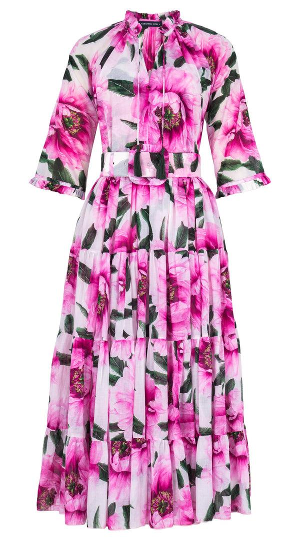 samantha sung Eva Dress Crew Neck 3/4 Sleeve Midi Length Cotton Musola (Pastel Magnolia White)