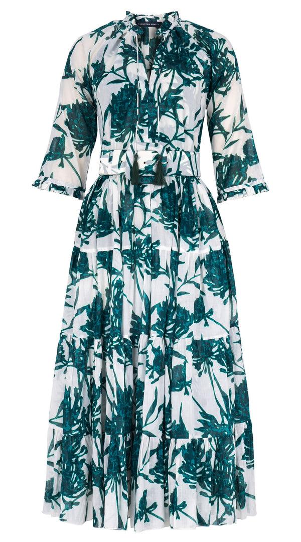 samantha sung Eva Dress Crew Neck 3/4 Sleeve Midi Length Cotton Musola (Primavery Silhouette White)