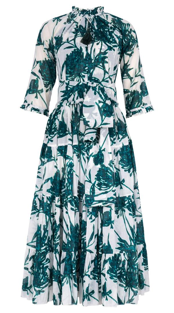 Samantha Sung Eva Dress Crew Neck 3/4 Sleeve Midi Length Cotton Musola (Primavery Silhouette White)