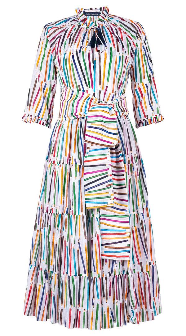 Samantha Sung Eva Dress Crew Neck 3/4 Sleeve Midi Length Cotton Musola (Prisma Pencil)