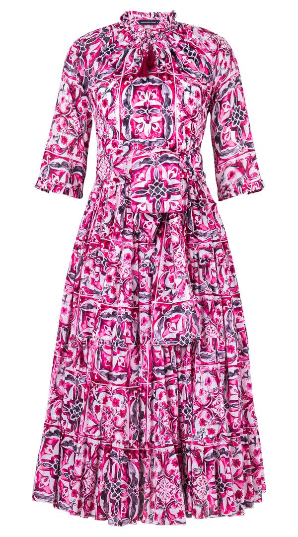 Samantha Sung Eva Dress Crew Neck 3/4 Sleeve Midi Length Cotton Musola (Caribbean Tile)