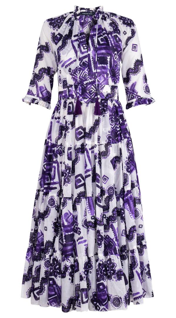 samantha sung Eva Dress Crew Neck 3/4 Sleeve Midi Plus Length Cotton Musola (Tie Dye Izmir Small White)