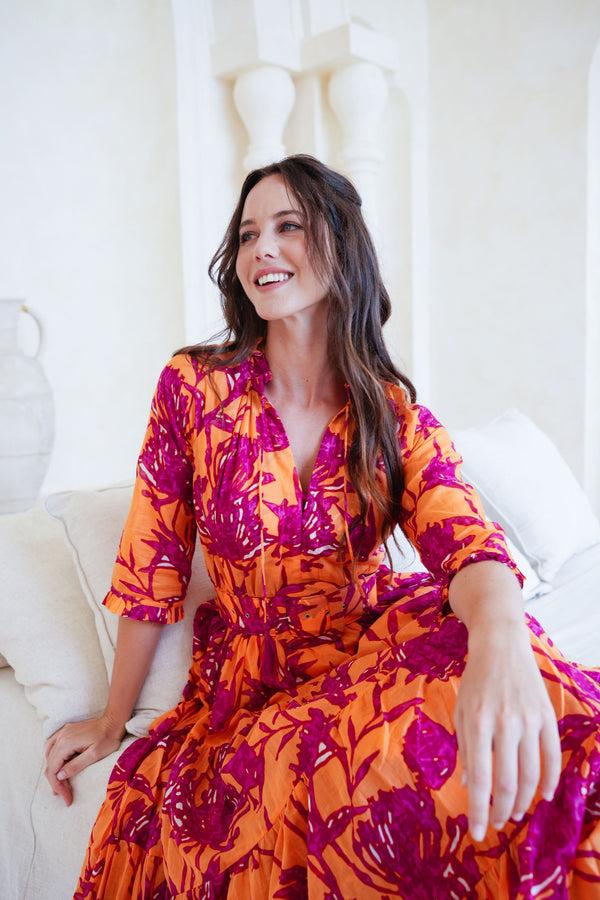 Samantha Sung Eva Dress Crew Neck 3/4 Sleeve Tea Length Cotton Musola (Primavery Silhouette Ground)