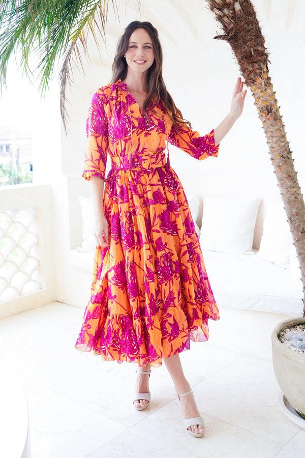 Samantha Sung Eva Dress Crew Neck 3/4 Sleeve Tea Length Cotton Musola (Primavery Silhouette Ground)