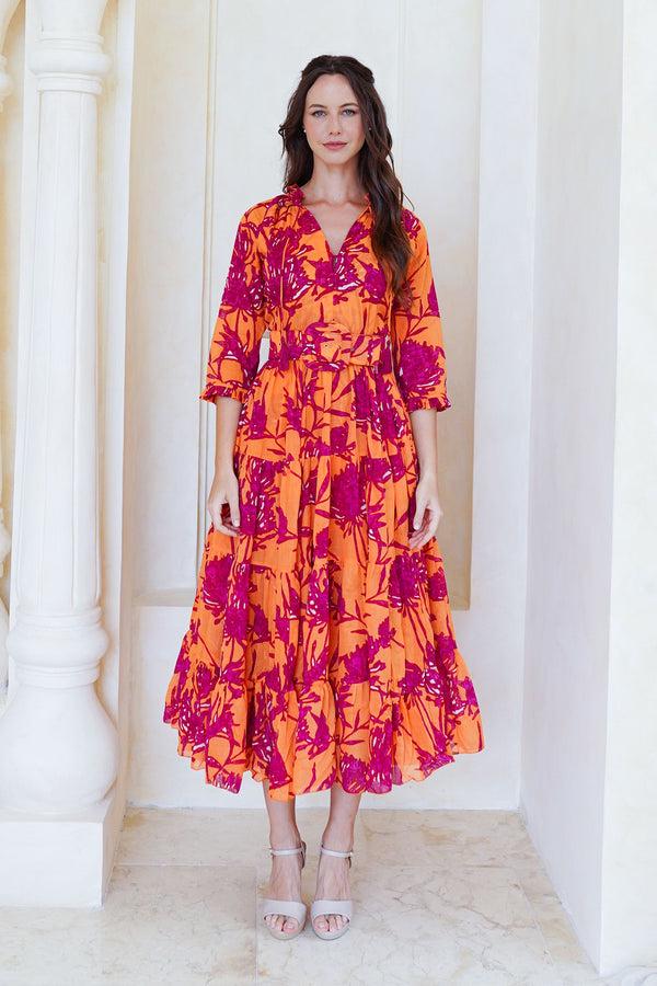 samantha sung Eva Dress Crew Neck 3/4 Sleeve Tea Length Cotton Musola (Primavery Silhouette Ground)