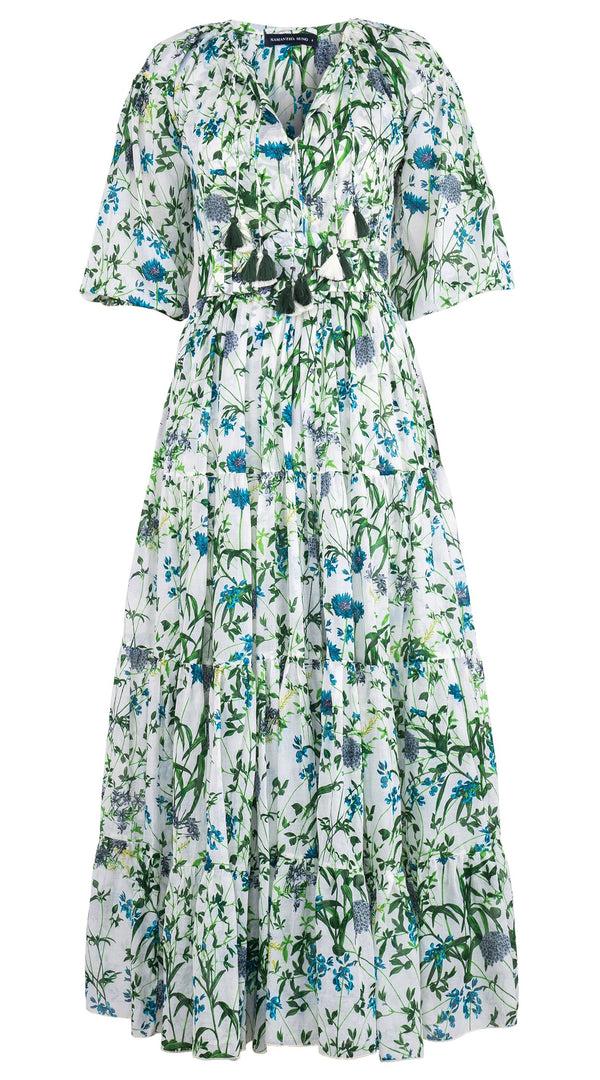 samantha sung Eva Dress Crew Neck Tie 3/4 Sleeve Maxi Length Cotton Musola (Hempstead Flower)