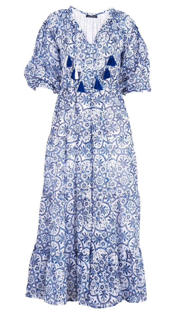 Samantha Sung Eva Dress Crew Neck Tie 3/4 Sleeve Maxi Length Linen (Marakechi Tile)