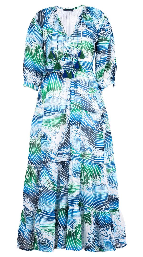 Samantha Sung Eva Dress Crew Neck Tie 3/4 Sleeve Maxi Length Linen (Pacific Wave)