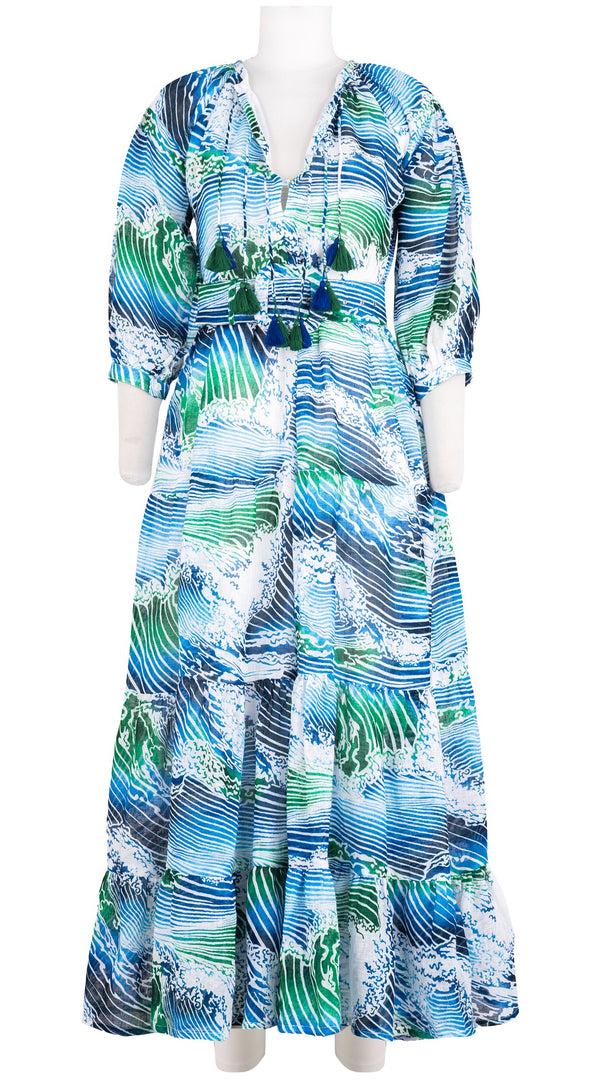 samantha sung Eva Dress Crew Neck Tie 3/4 Sleeve Maxi Length Linen (Pacific Wave)