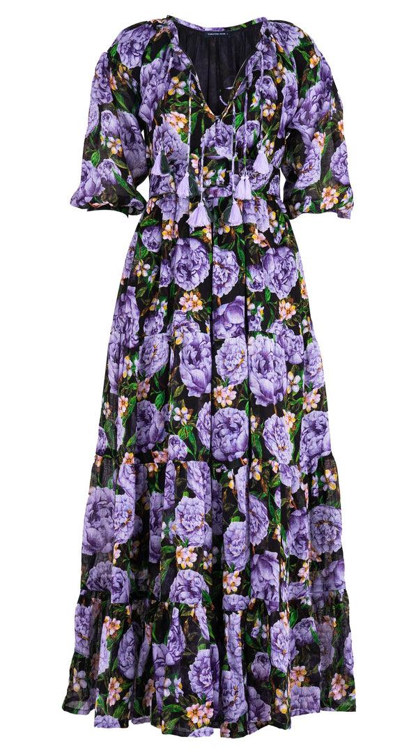 Samantha Sung Eva Dress Crew Neck Tie 3/4 Sleeve Maxi Length Linen (Pink Peony)