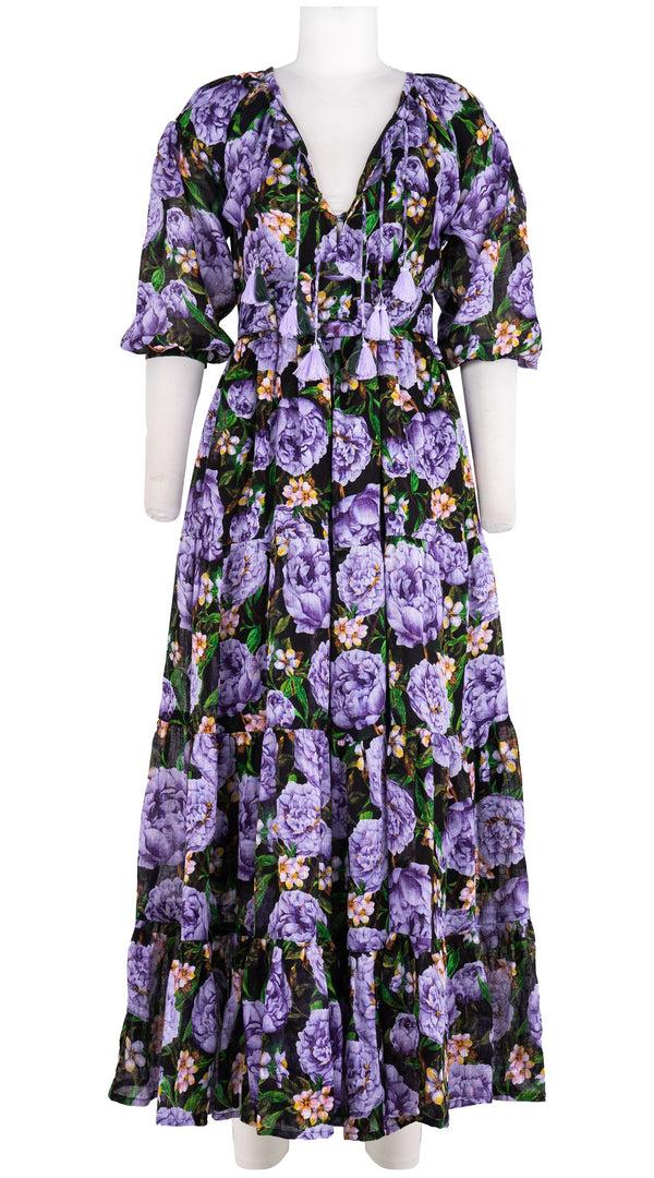 samantha sung Eva Dress Crew Neck Tie 3/4 Sleeve Maxi Length Linen (Pink Peony)