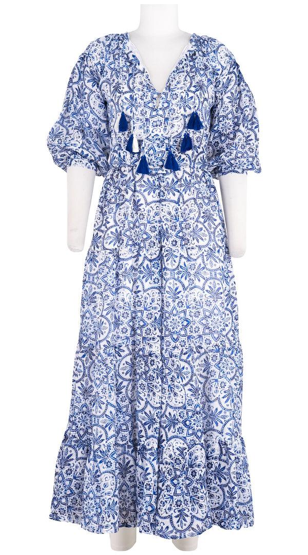 samantha sung Eva Dress Crew Neck Tie 3/4 Sleeve Maxi Length Linen (Marakechi Tile)