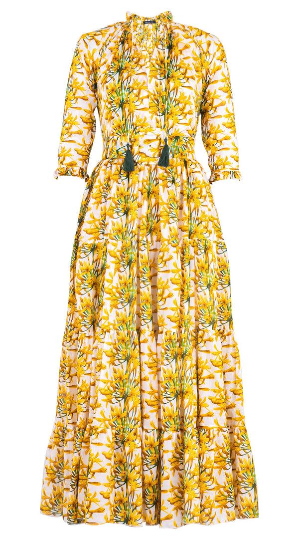 Samantha Sung Eva Dress Crew Neck Tie 3/4 Sleeve Maxi Length Musola (Tinker Bell Flower)