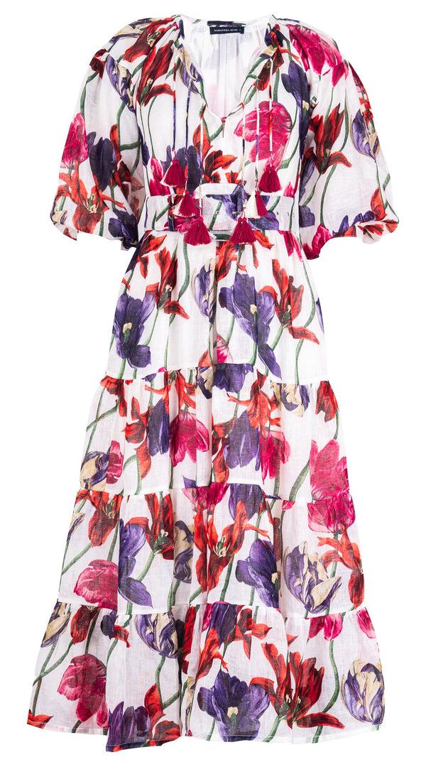 Samantha Sung Eva Dress Crew Neck Tie 3/4 Sleeve Midi Length Linen (Rambrandt Tulip)