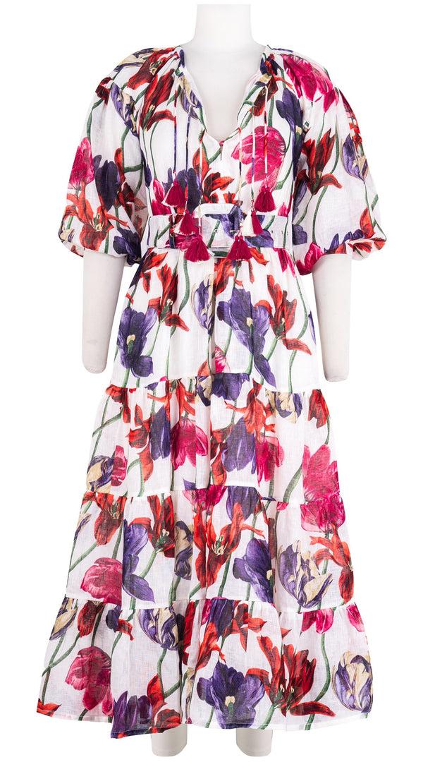 samantha sung Eva Dress Crew Neck Tie 3/4 Sleeve Midi Length Linen (Rambrandt Tulip)