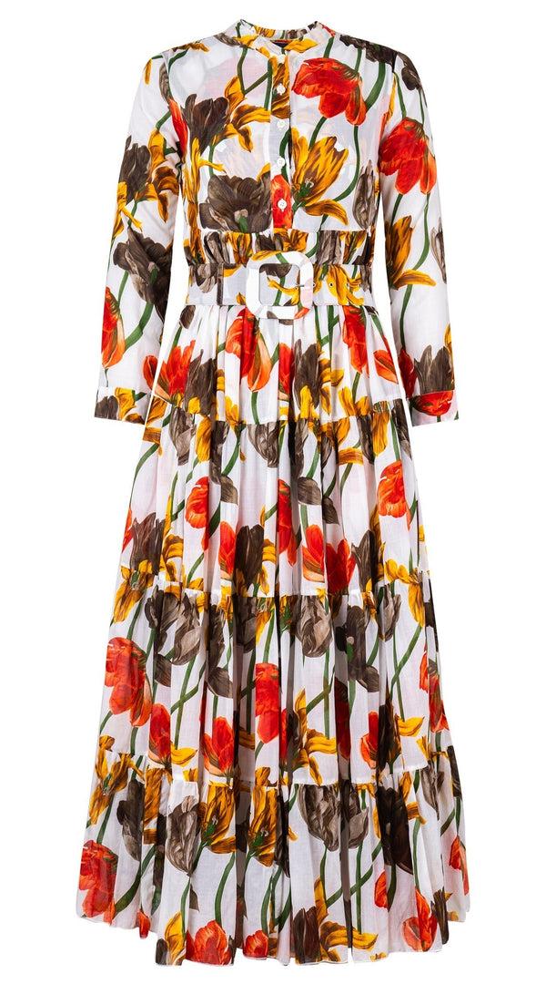 samantha sung Eva Dress High V Neck Long Sleeve Maxi Length Cotton Musola (Rambrandt Tulip)