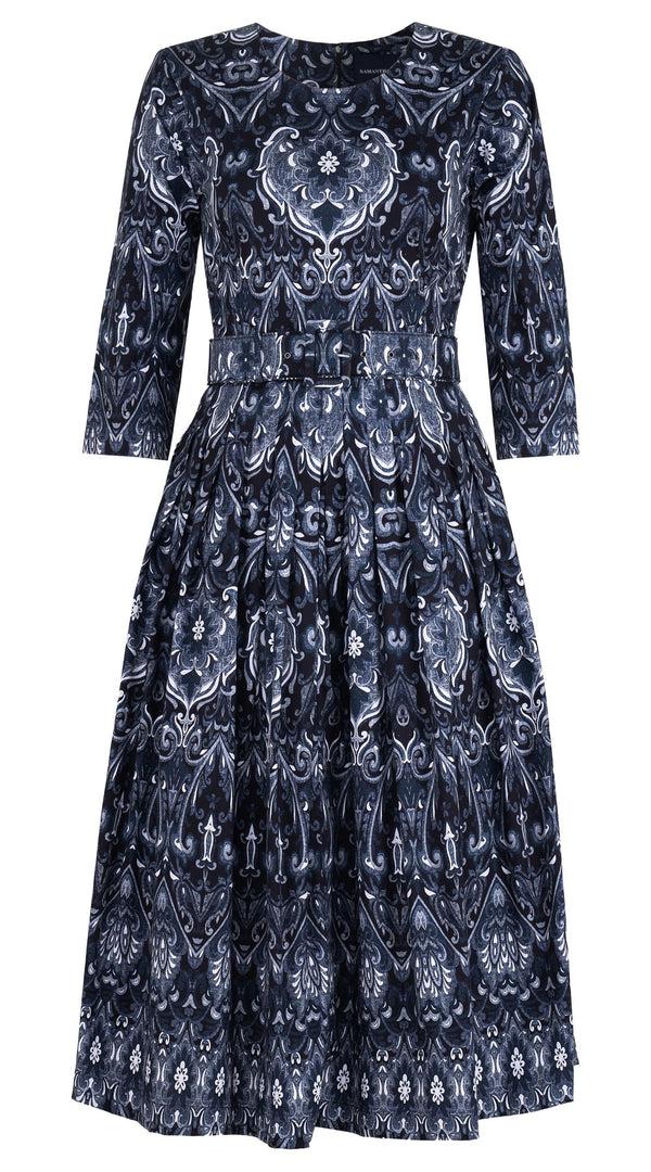 samantha sung Florance Dress #2 Crew Neck 3/4 Midi Length Cotton Stretch (Mill Creek Paisley Dark)