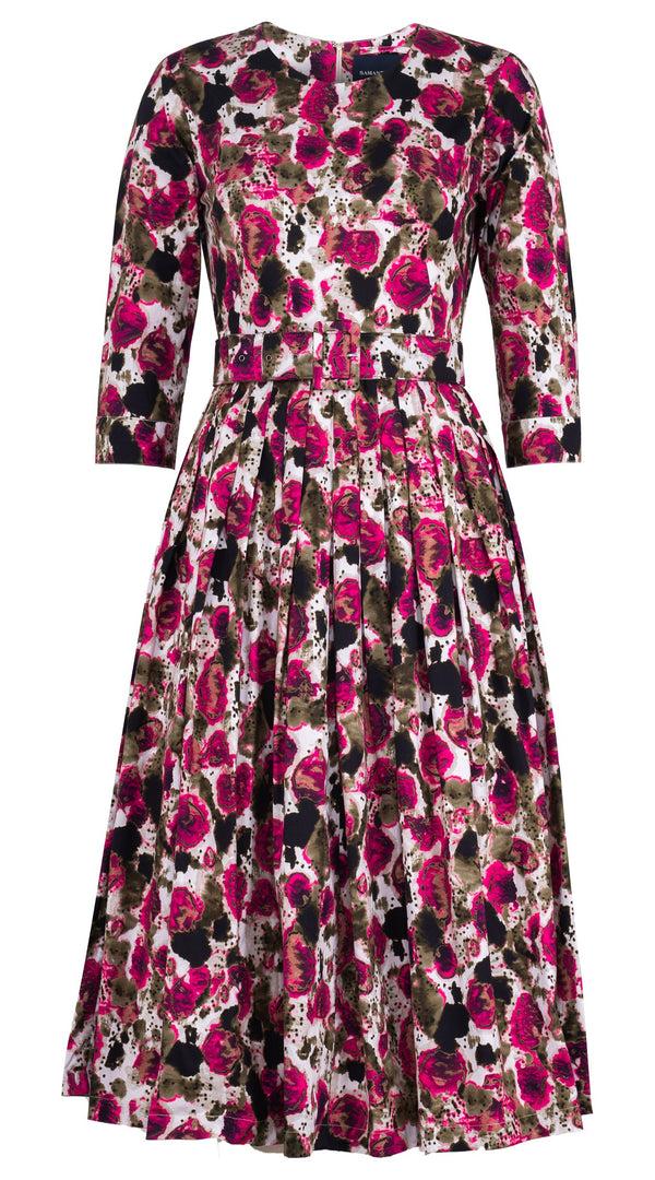 samantha sung Florance Dress #2 Crew Neck 3/4 Sleeve Midi Length Cotton Stretch (Animal Dots)
