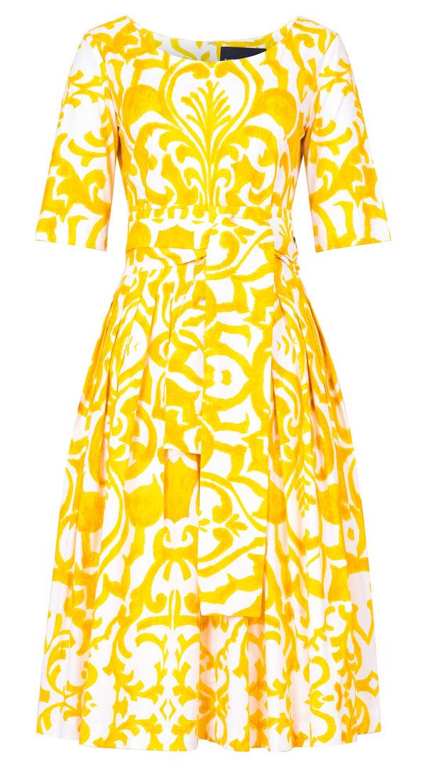 Samantha Sung Florance Dress #2 Round Neck 1/2 Sleeve Long Length Cotton Stretch (Maiolica Blue Tile Small)