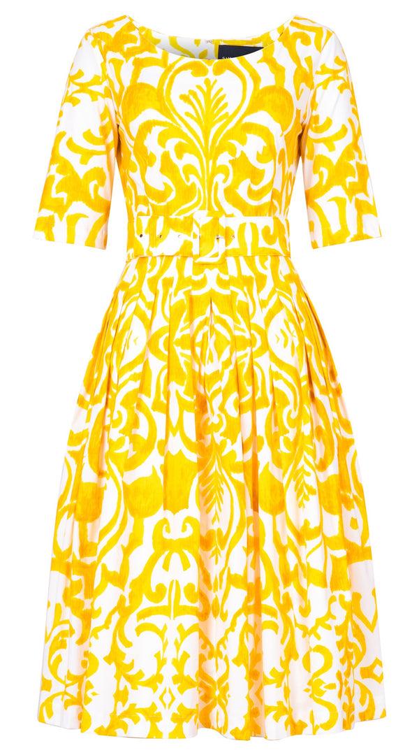 samantha sung Florance Dress #2 Round Neck 1/2 Sleeve Long Length Cotton Stretch (Maiolica Blue Tile Small)