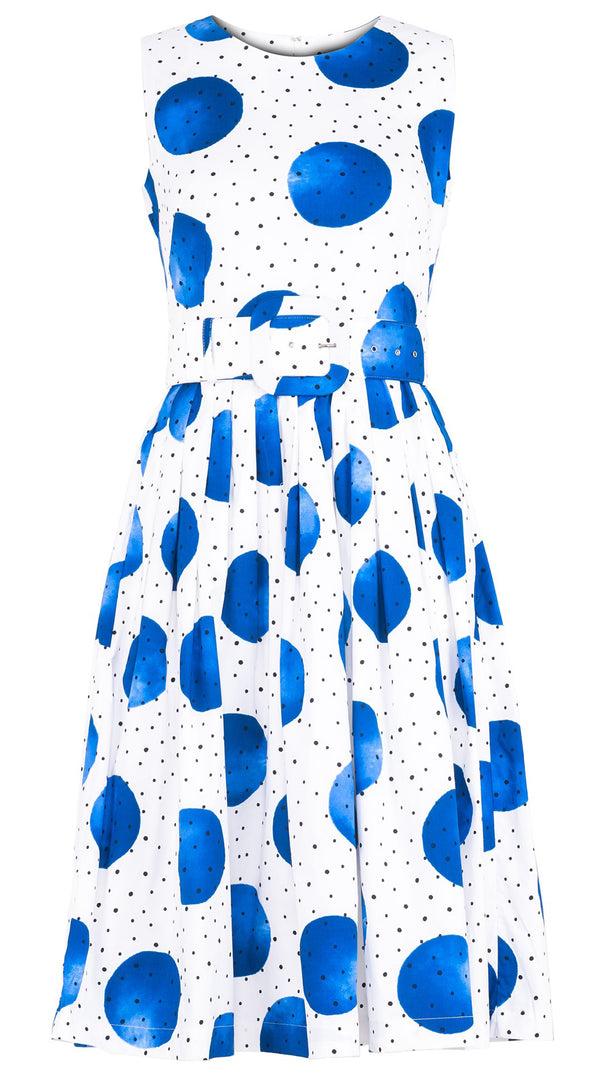 Samantha Sung Florance Dress #2 Round Neck Sleeveless Long Length Cotton Stretch (Mixed Dots White)