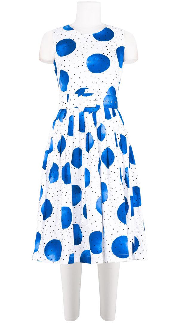 samantha sung Florance Dress #2 Round Neck Sleeveless Long Length Cotton Stretch (Mixed Dots White)