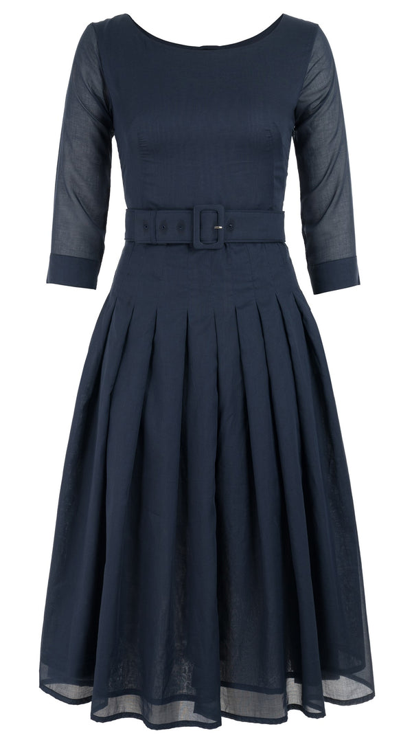 Samantha Sung Florance Dress #4 Boat Neck 3/4 Sleeve Midi Length Cotton Musola_Solid_Indigo