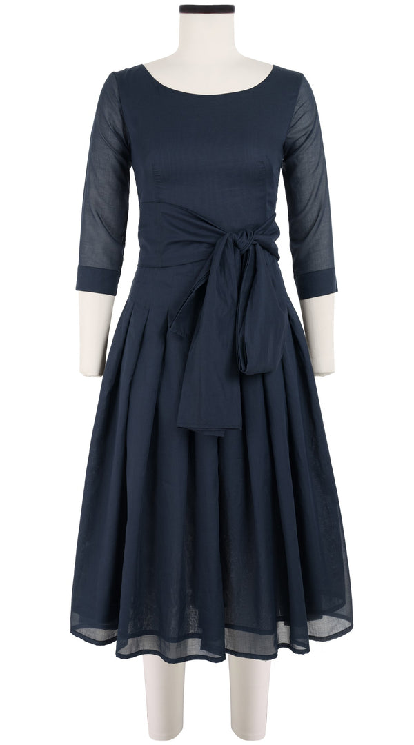 Samantha Sung Florance Dress #4 Boat Neck 3/4 Sleeve Midi Length Cotton Musola_Solid_Indigo