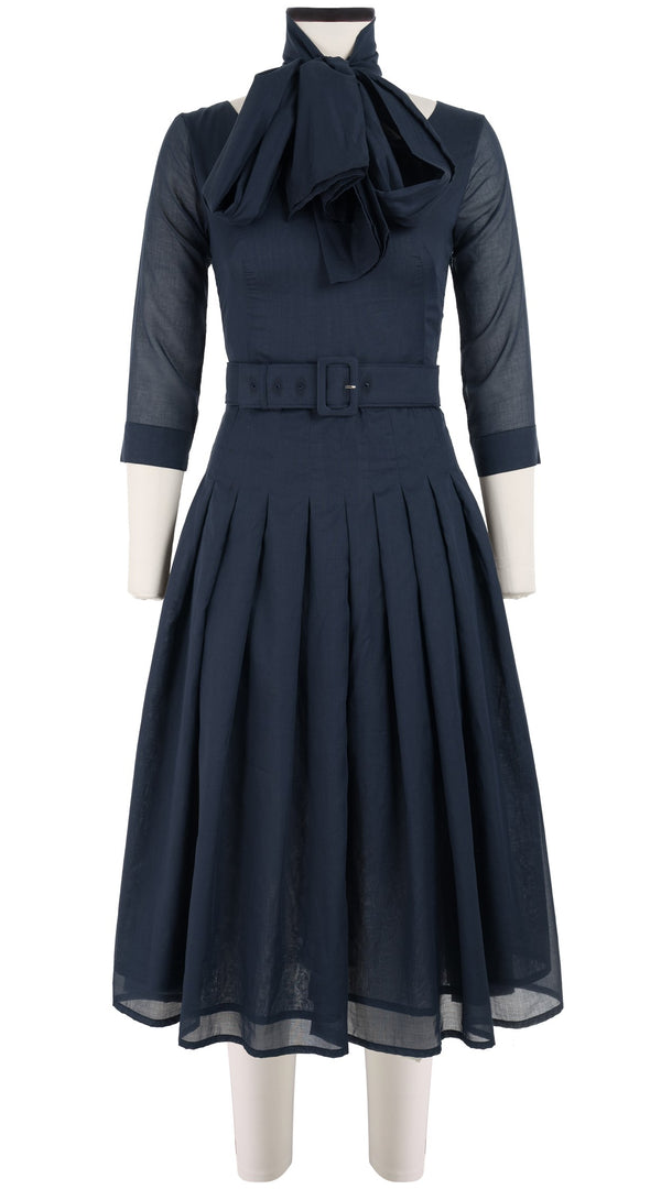 Samantha Sung Florance Dress #4 Boat Neck 3/4 Sleeve Midi Length Cotton Musola_Solid_Indigo