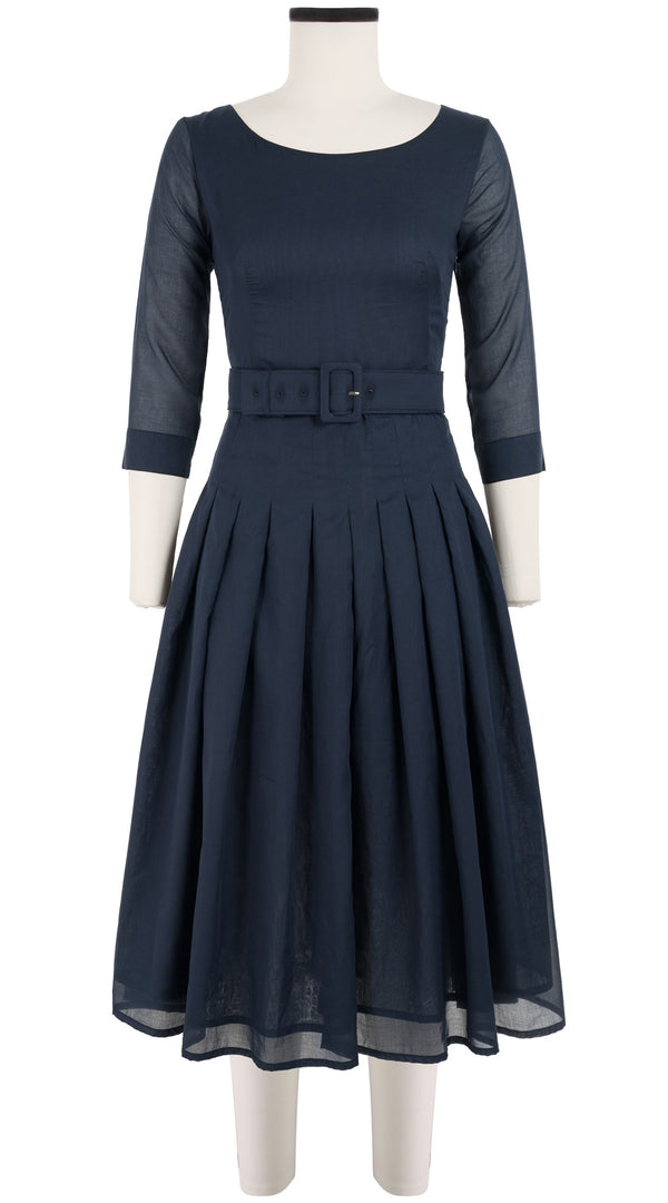samantha sung Florance Dress #4 Boat Neck 3/4 Sleeve Midi Length Cotton Musola_Solid_Indigo