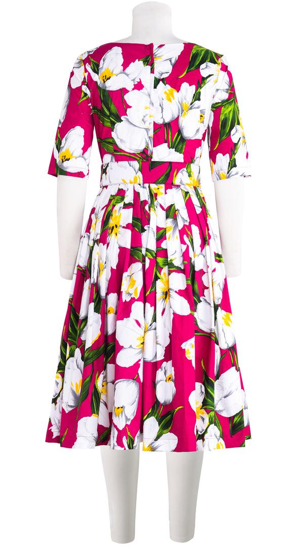 Samantha Sung Florance Dress Boat Neck 1/2 Sleeve Long Length Cotton Stretch (Emperor Tulip Bright) 6