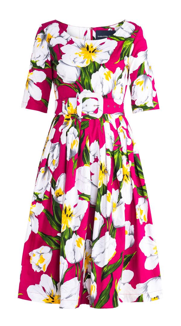 samantha sung Florance Dress Boat Neck 1/2 Sleeve Long Length Cotton Stretch (Emperor Tulip Bright) 6