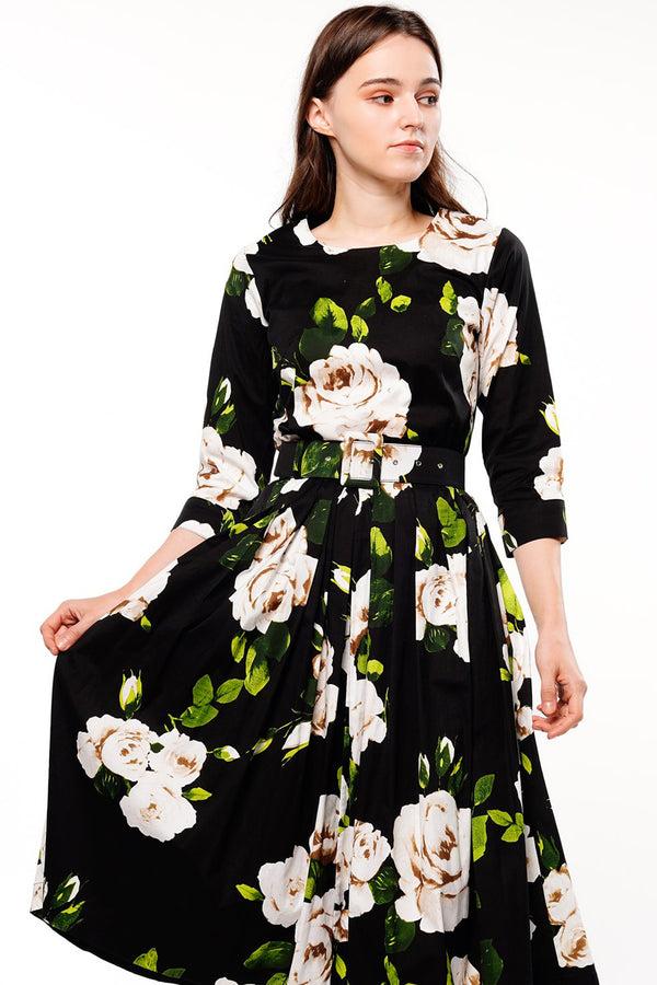 Samantha Sung Florance Dress Crew Neck 3/4 Sleeve Long Length Cotton Musola (Amber Queen)