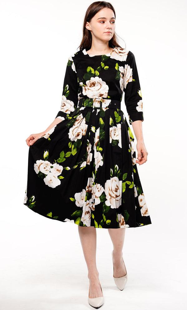 Samantha Sung Florance Dress Crew Neck 3/4 Sleeve Long Length Cotton Musola (Amber Queen)