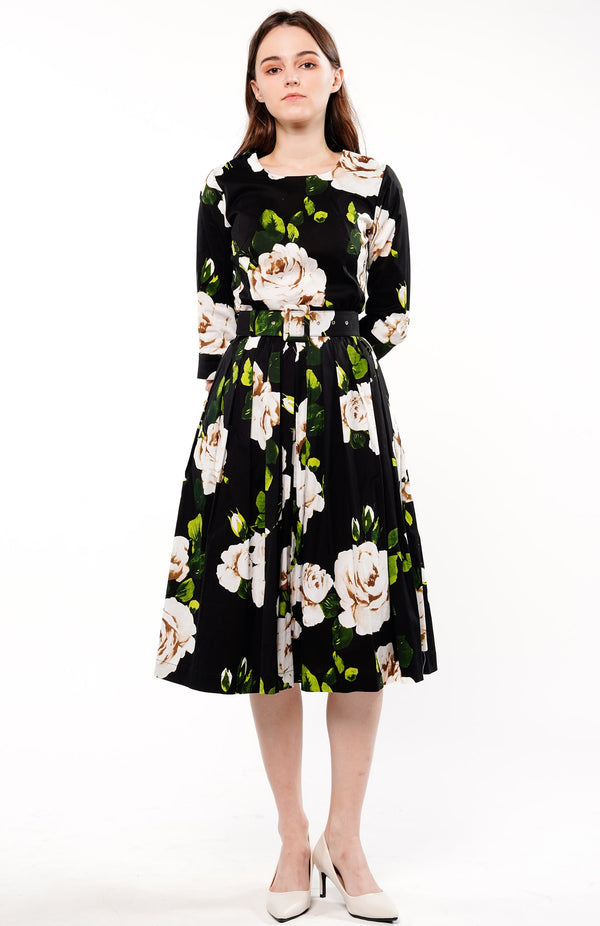 samantha sung Florance Dress Crew Neck 3/4 Sleeve Long Length Cotton Musola (Amber Queen)