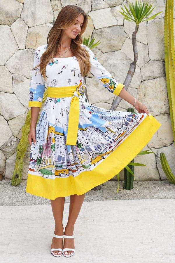 Samantha Sung Florance Dress U Neck 3/4 Sleeve Long Length Cotton Stretch (Monaco White)