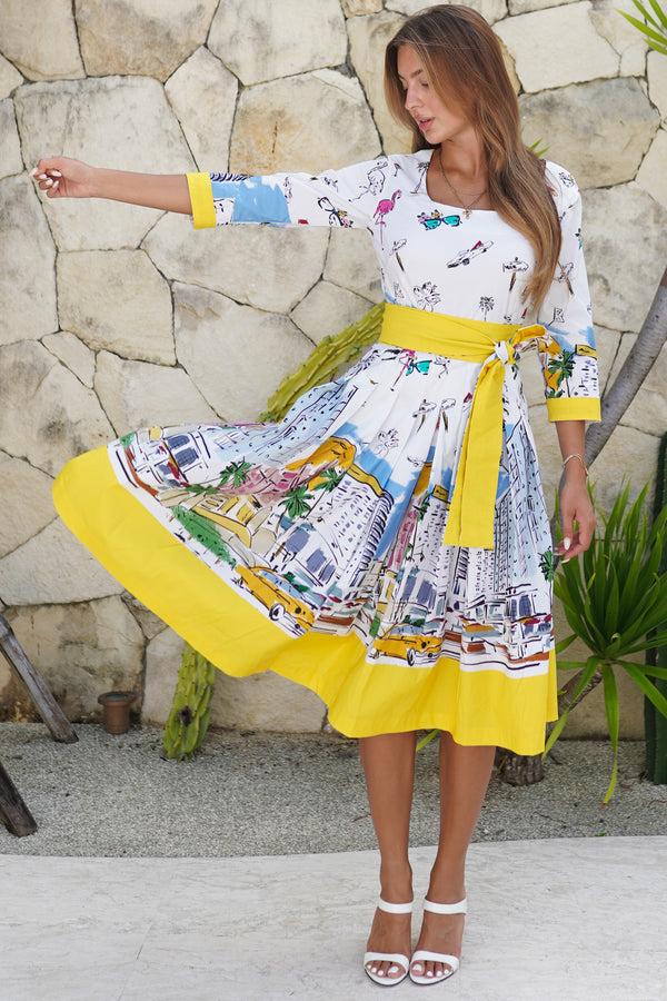 samantha sung Florance Dress U Neck 3/4 Sleeve Long Length Cotton Stretch (Monaco White)