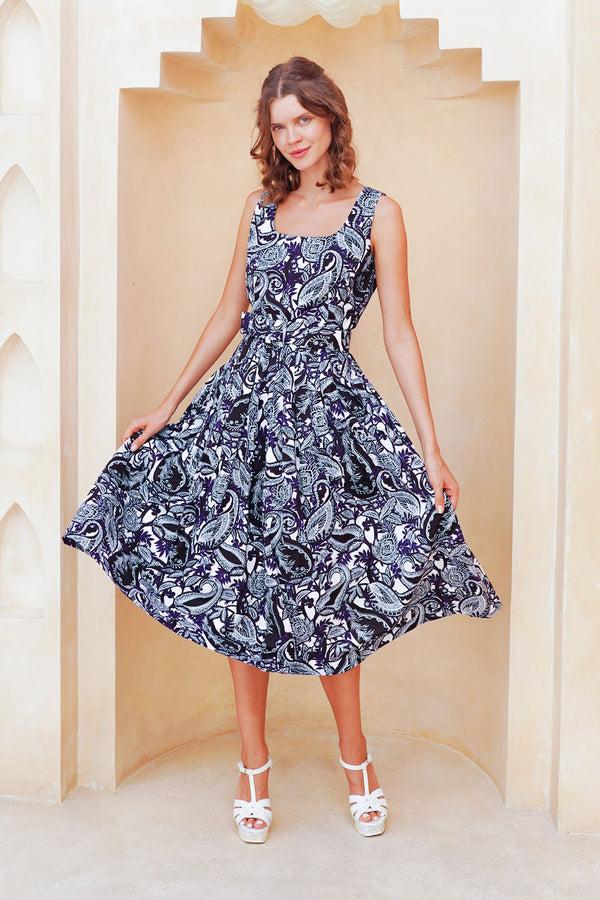 samantha sung Florance Dress U Neck Sleeveless Midi Length Cotton Stretch (Cachemire Paisley White)